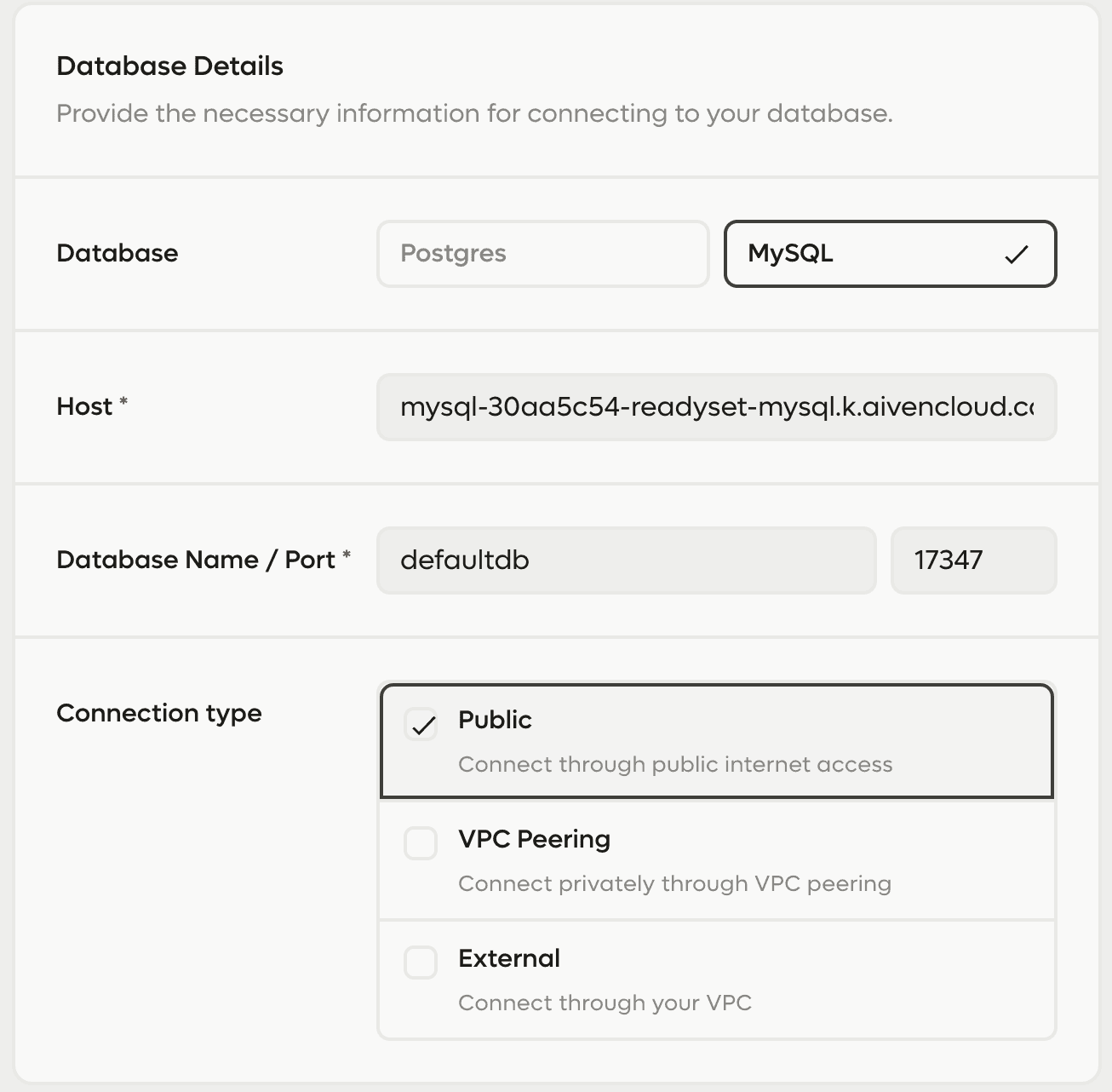 Readyset - database details