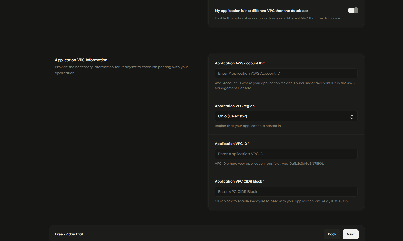 VPC Peering Application Settings