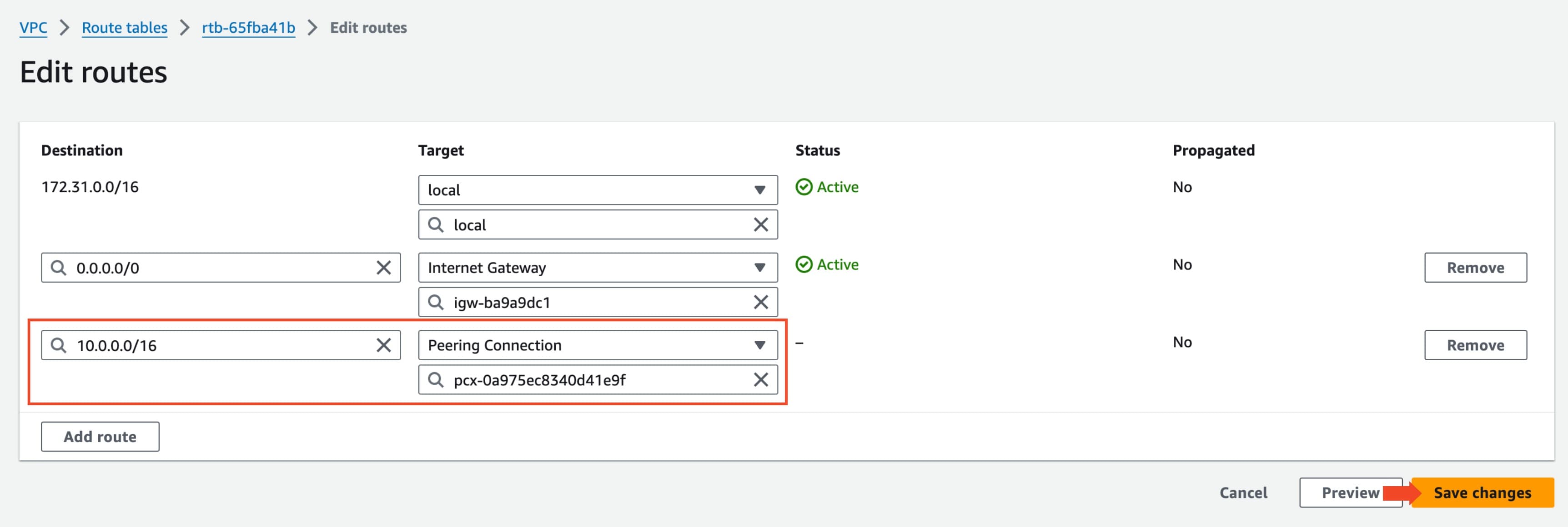 VPC Peering Save Route