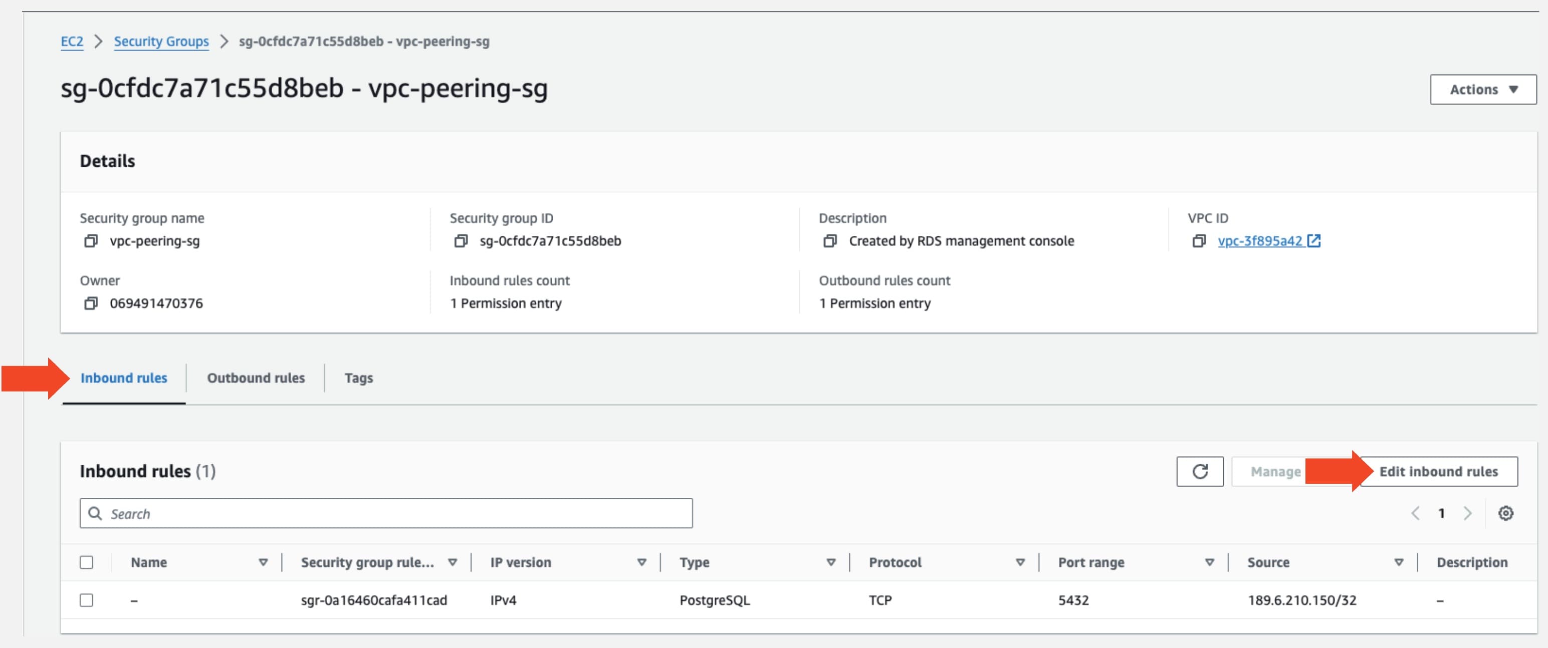 VPC Peering Security Group Inbound Edit