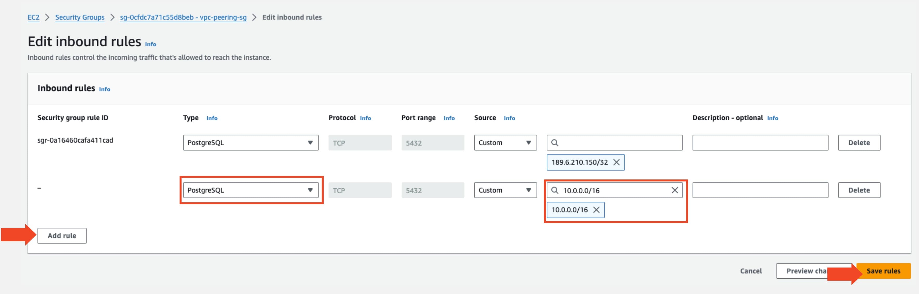 VPC Peering Security Group Inbound Save