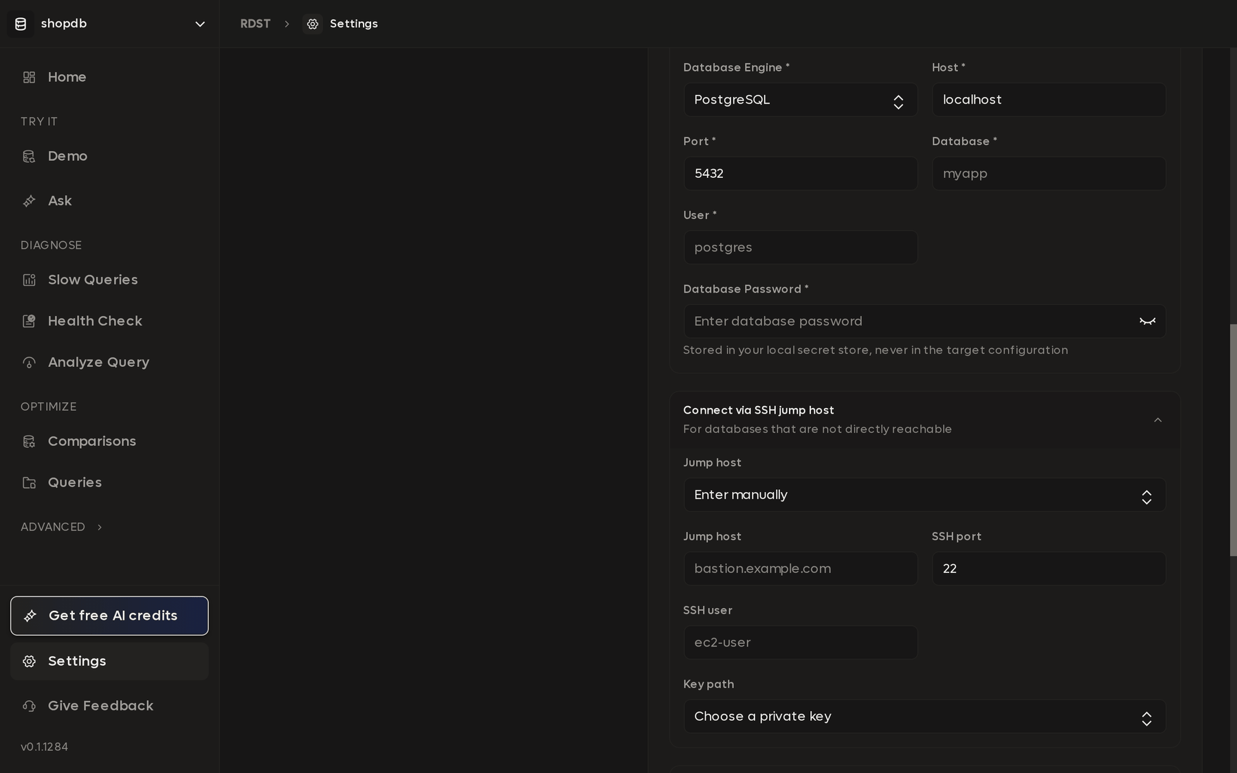 The Add Target drawer with the SSH jump host section expanded, showing jump host, SSH port, SSH user, and key path fields