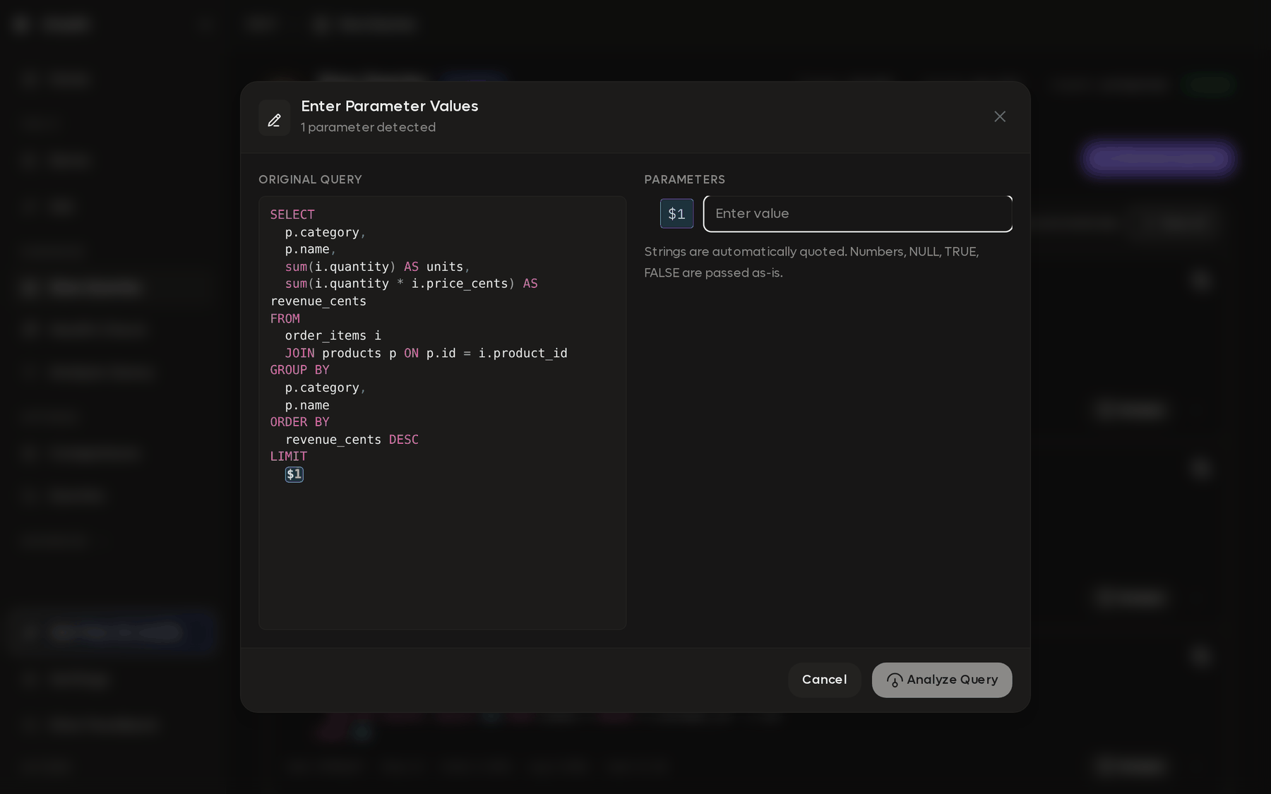 The Enter Parameter Values dialog, showing the query with its placeholders and a field for each one