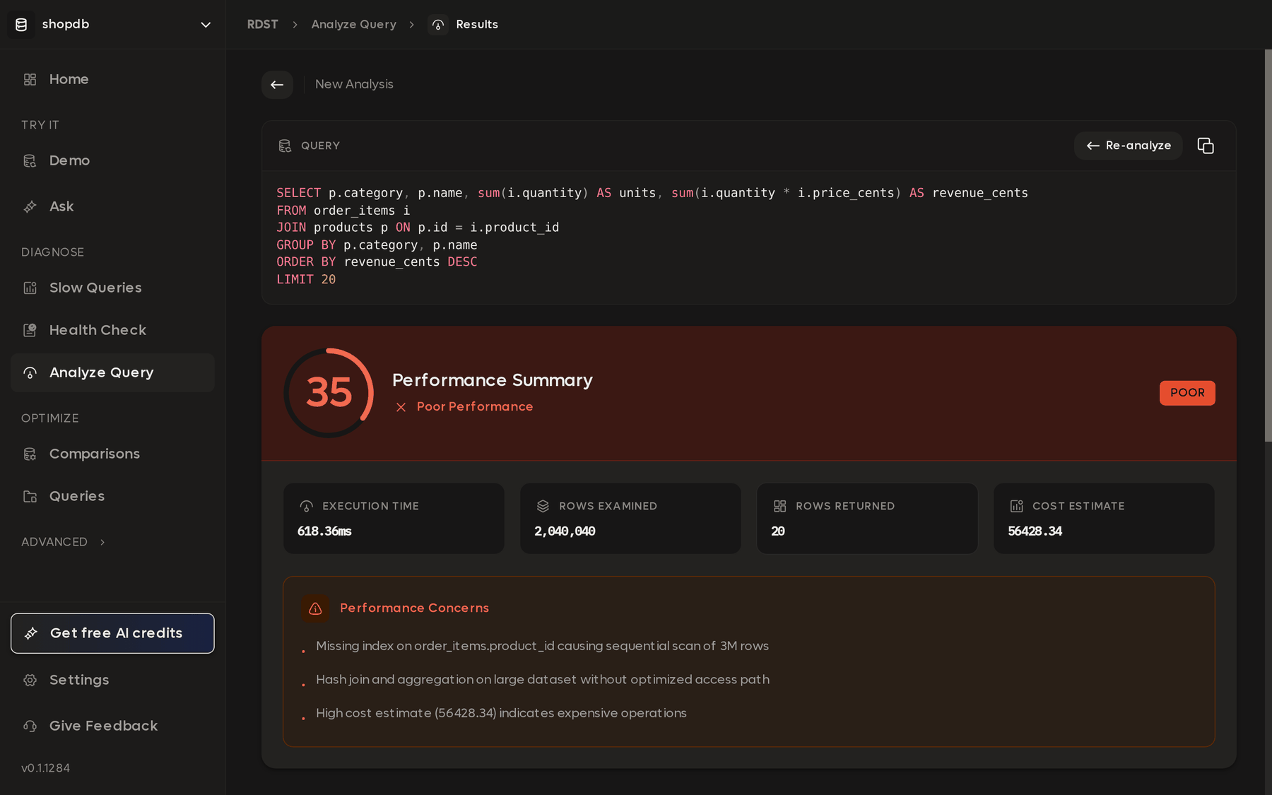 An Analyze Query result: a performance score of 35 rated poor, execution time, rows examined against rows returned, and a list of performance concerns