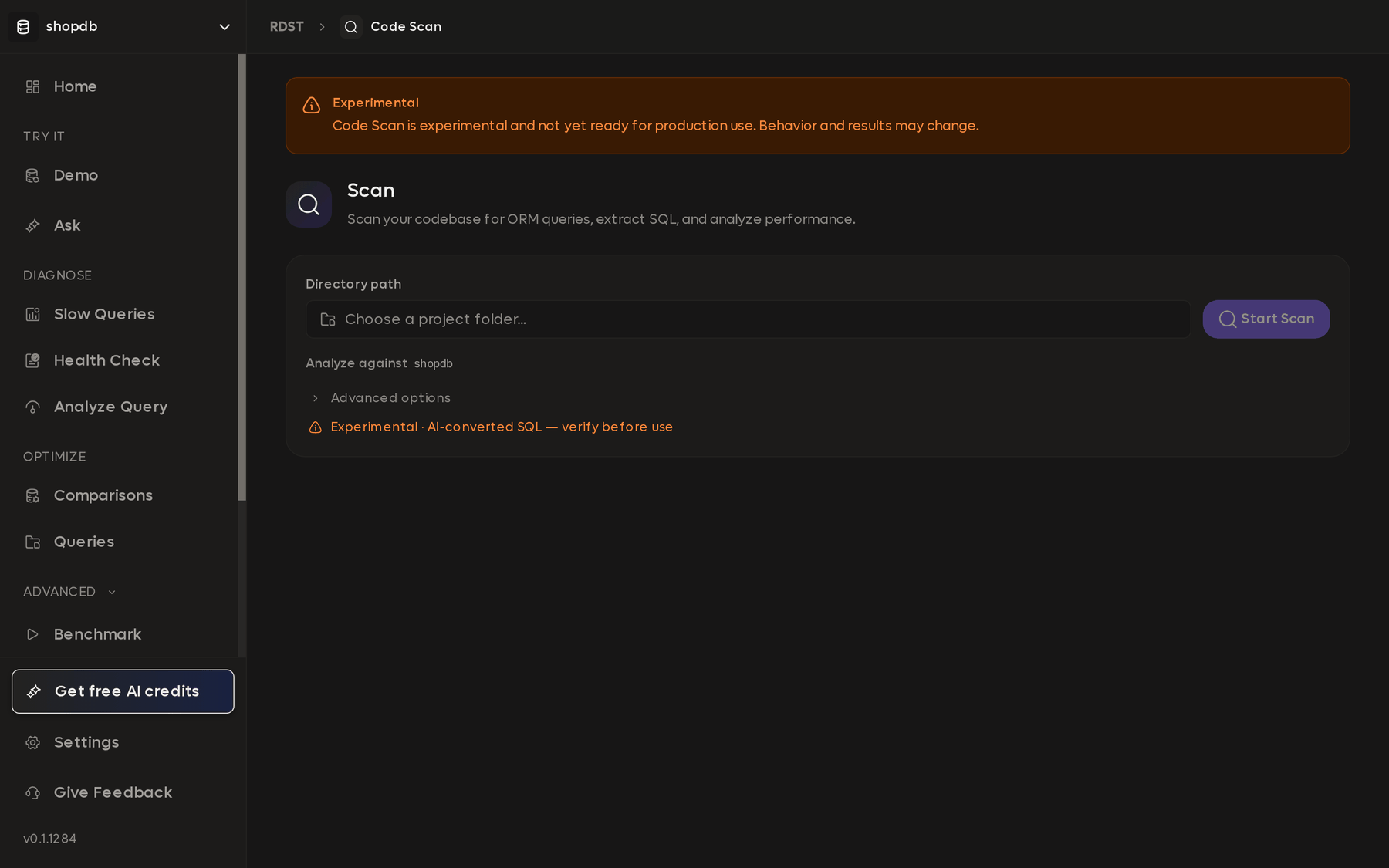 The Code Scan screen