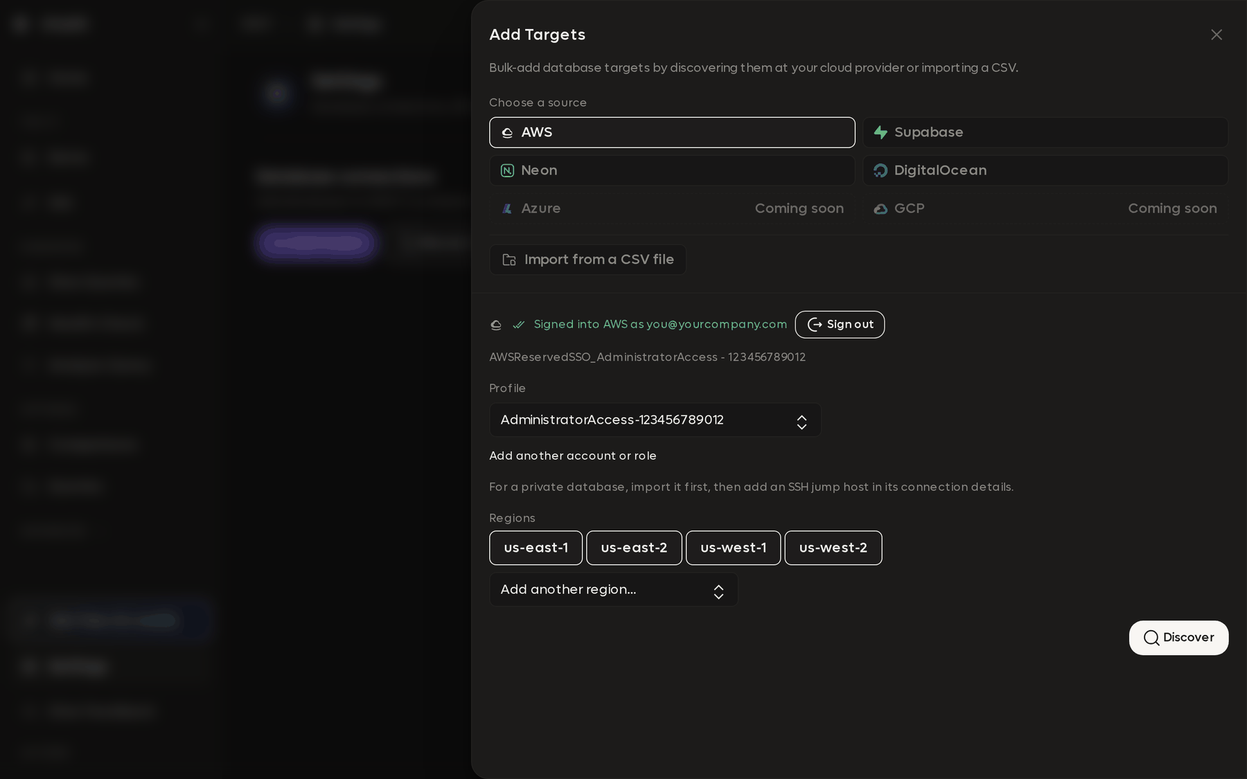 The Add Targets drawer with AWS selected, showing the signed-in account, a profile selector, and region chips