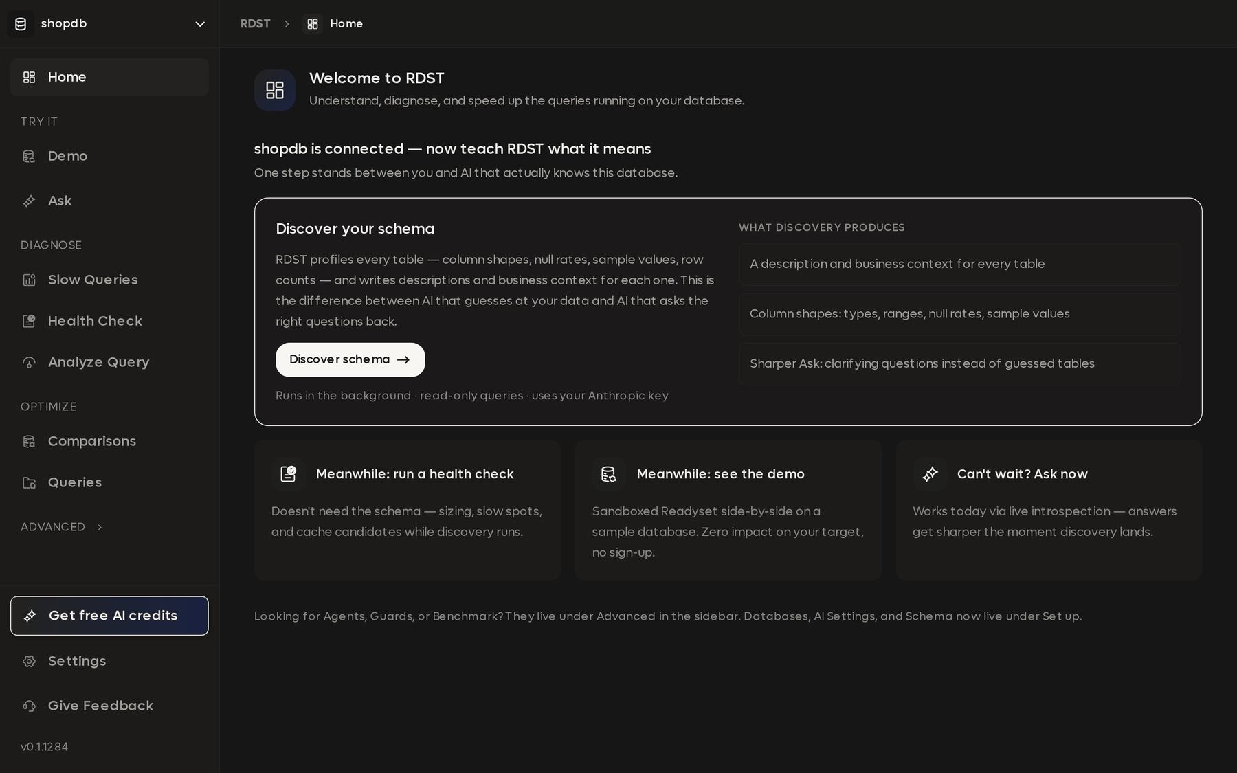 The RDST desktop app on the Home screen, with a connected database and the sidebar showing Ask, Slow Queries, Health Check, Analyze Query, Comparisons, and Queries