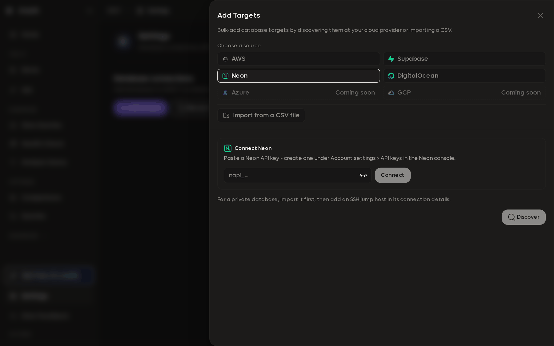 The Add Targets drawer with Neon selected, asking for a Neon API key with a Connect button