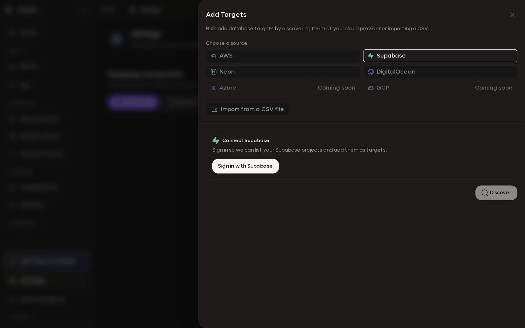 The Add Targets drawer with Supabase selected, offering a browser sign-in