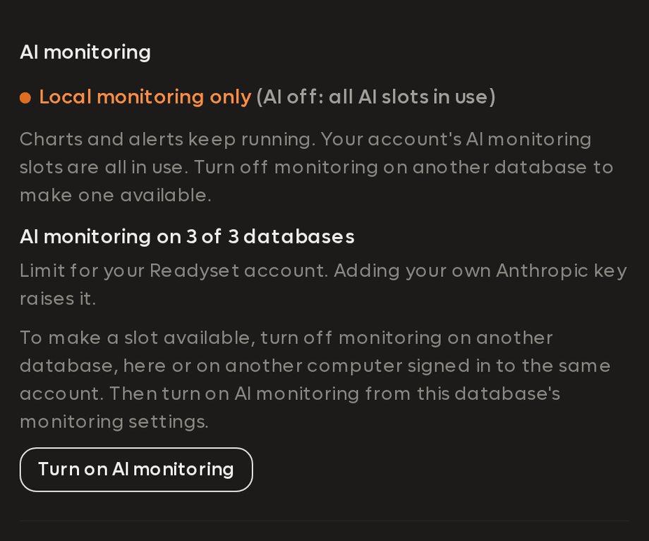 The AI monitoring panel for a database on local monitoring when all 3 slots are in use