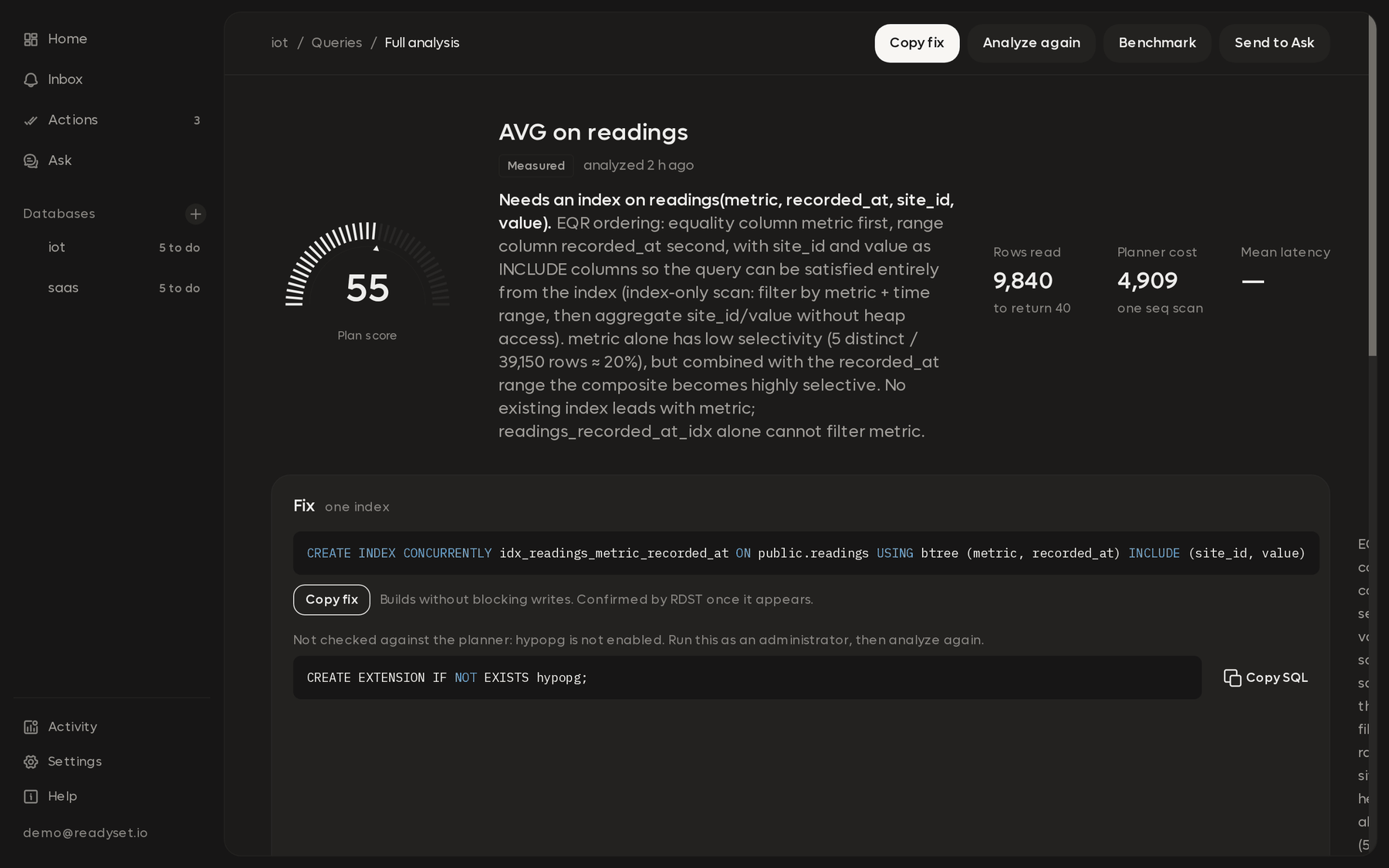 A full analysis with its plan score, what it found and the exact fix