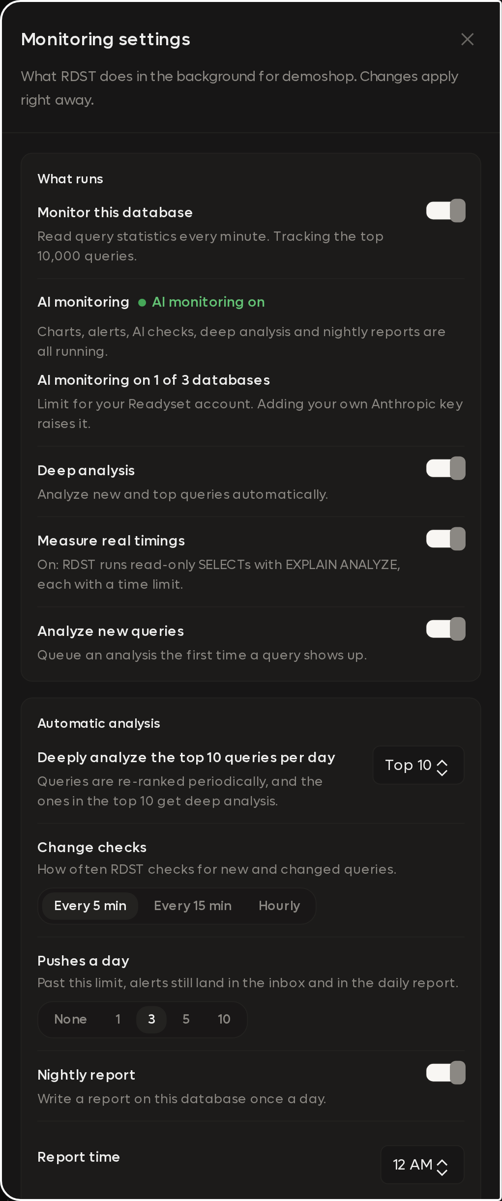 Monitoring settings for a database with the default values