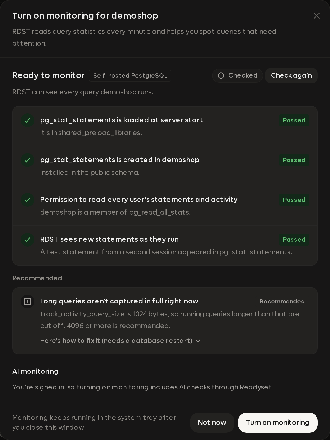 The Turn on monitoring dialog with the required checks passed, a recommended fix, and the signed-in AI monitoring explanation