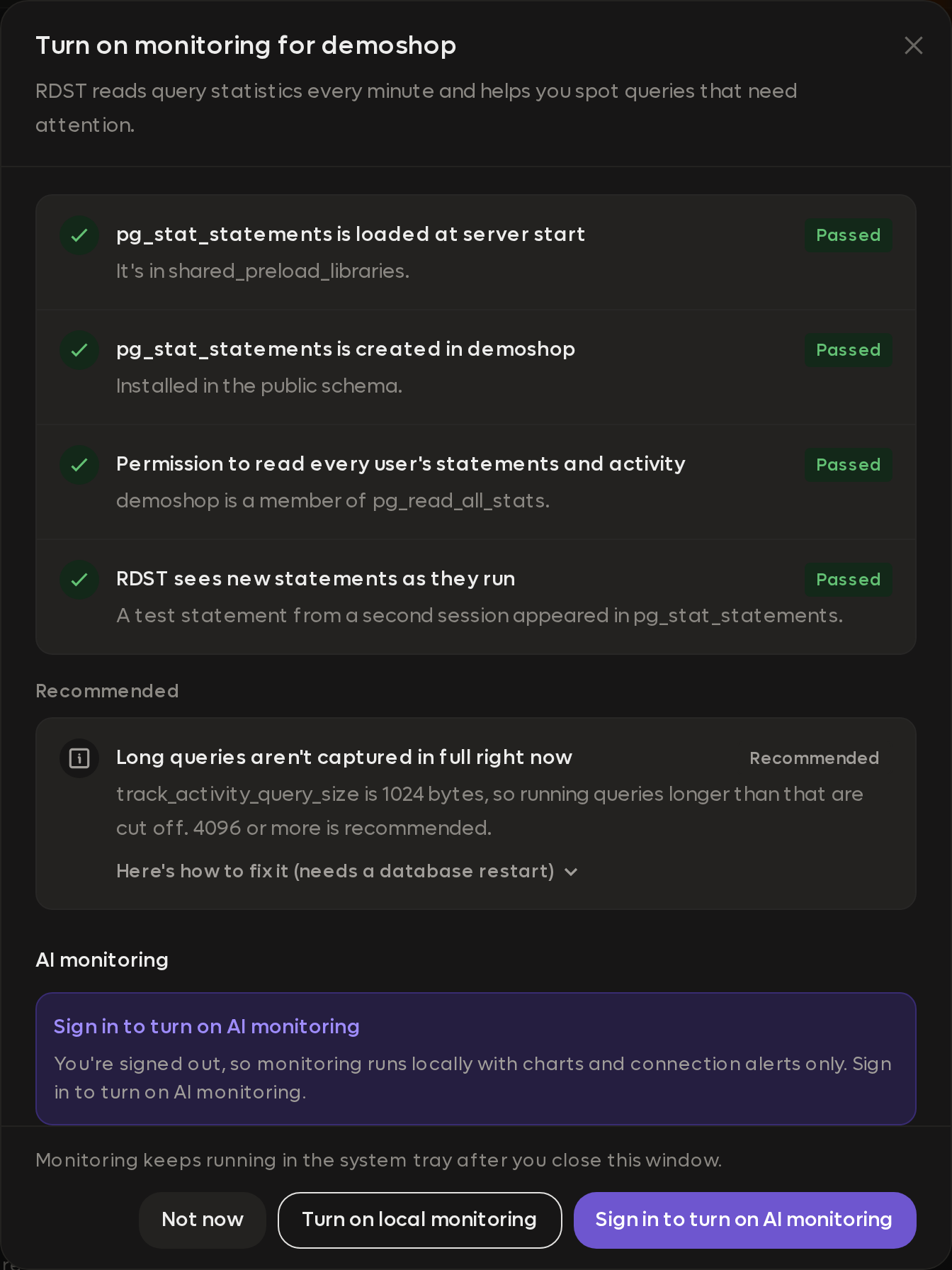 The signed-out turn-on dialog explains local monitoring and offers Sign in to turn on AI monitoring as its main action