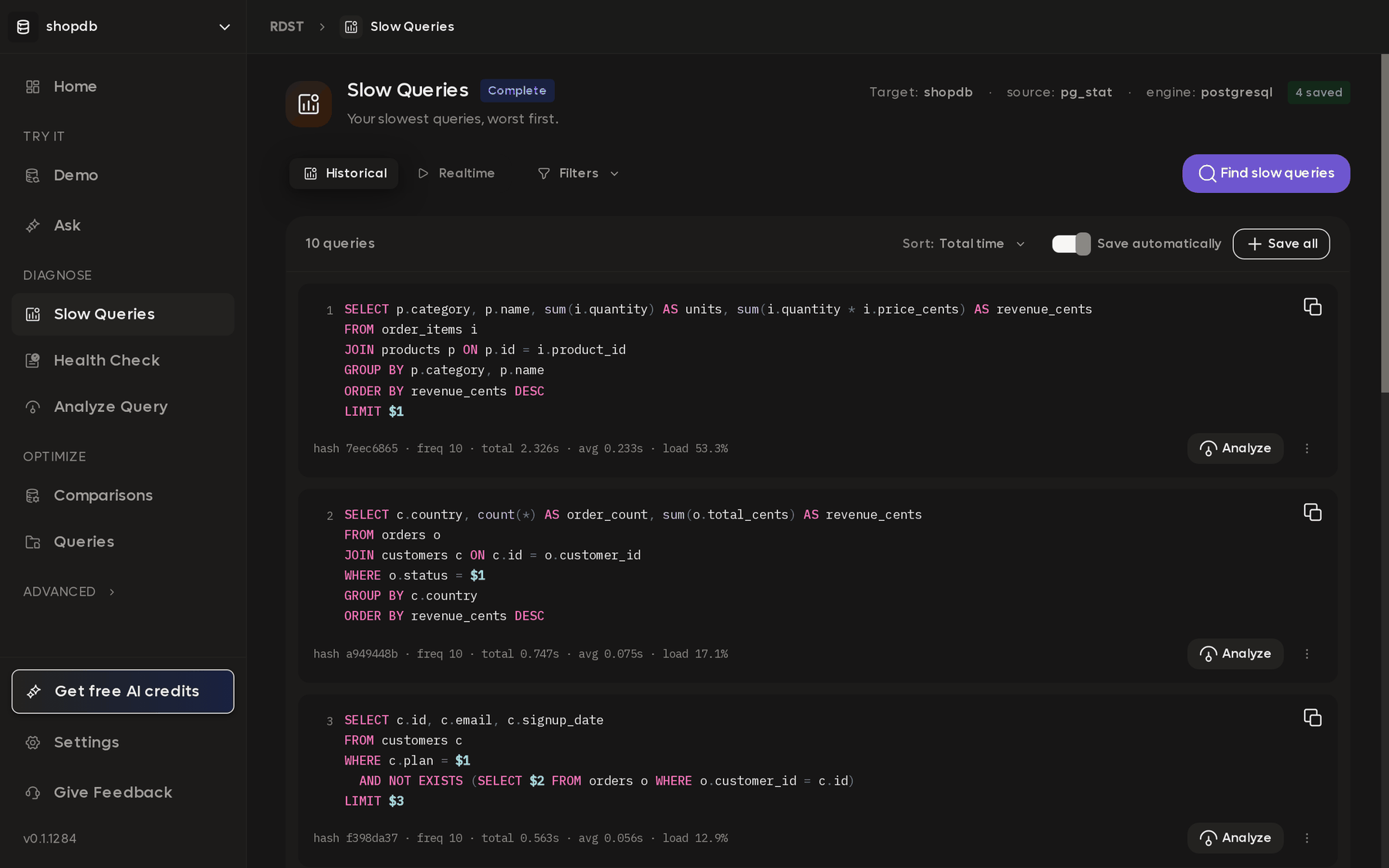 The Slow Queries screen showing ranked queries with syntax-highlighted SQL and per-query timing statistics