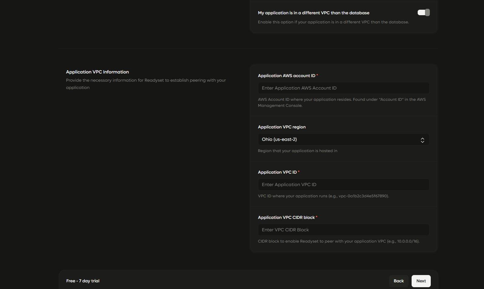 VPC Peering Application Settings